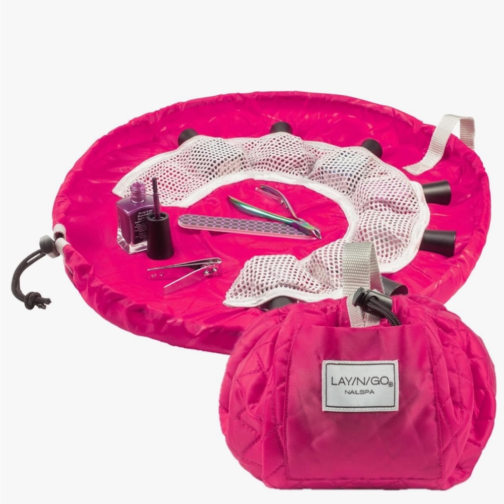 Lay-n-Go Nailspa Drawstring Cosmetic Bag Pink Quilted Organizer Travel Mat
